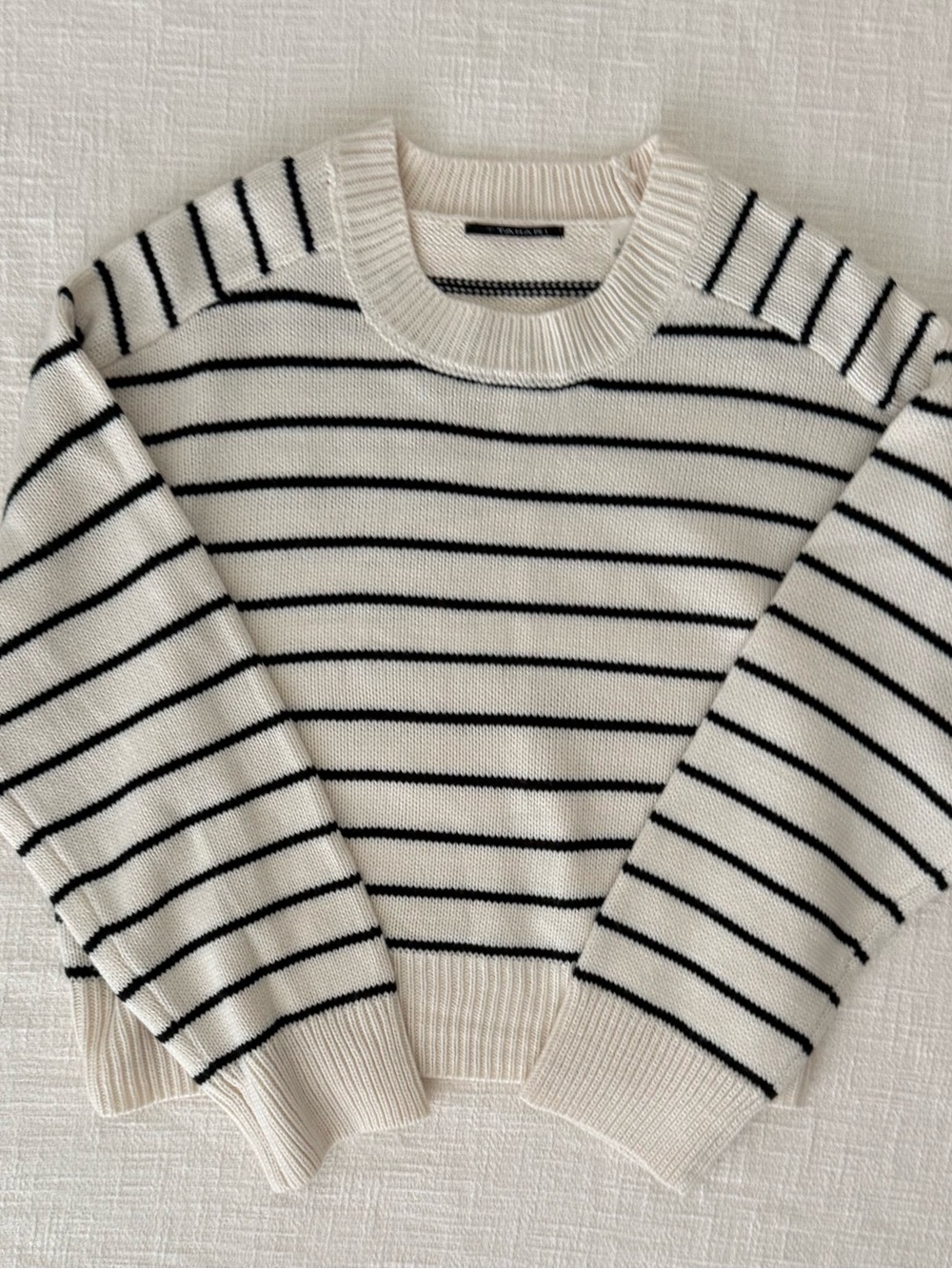 Tahari Cream and Black Striped Crewneck Sweater